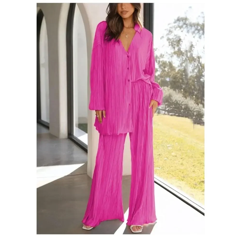 ONIRIKE 2 Pc Sweatsuit Womens SZ LRG Pleated Long Sleeve Button Up Palazzo Pants - Picture 2 of 8